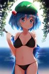  akisha bikini black_bikini blue_eyes blue_hair collarbone cowboy_shot green_hat hair_bobbles hair_ornament halter_top halterneck hat highres holding kawashiro_nitori looking_at_viewer navel off_shoulder smile solo standing string_bikini swimsuit thighs touhou two_side_up wrench 