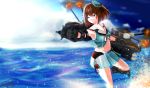  artist_name black_gloves blue_eyes blue_sky breasts brown_hair gloves groin hair_ornament highres kantai_collection maya_(kantai_collection) medium_breasts midriff navel ocean outstretched_arms rigging sea_spray sky standing standing_on_one_leg tegar32 turret water 