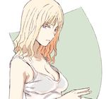  blonde_hair bra_through_clothes breasts camisole cleavage curly_hair fingers_together jewelry medium_breasts ogros original purple_eyes ring see-through simple_background solo upper_body 