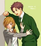  1girl arm_behind_back bad_id bad_pixiv_id blazer blush brown_eyes brown_hair cardigan copyright_name flaxvivi gekkan_shoujo_nozaki-kun green_background green_neckwear height_difference jacket looking_away low_ponytail necktie open_mouth ponytail school_uniform scrunchie seo_yuzuki sweatdrop upper_body wakamatsu_hirotaka wall wall_slam 