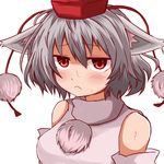  :&lt; animal_ears bare_shoulders blush breasts closed_mouth commentary_request detached_sleeves grey_hair hair_between_eyes hat inubashiri_momiji jitome looking_at_viewer medium_breasts pom_pom_(clothes) red_eyes shirt short_hair sleeveless sleeveless_shirt solo sweat tokin_hat touhou upper_body white_shirt wolf_ears yasui_nori 