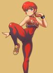  blue_eyes bodysuit bracelet braid brown_background chinese_clothes chun-li chun-li_(cosplay) cosplay fighting_stance finalcake full_body genderswap genderswap_(mtf) jewelry long_hair ranma-chan ranma_1/2 red_bodysuit red_hair saotome_ranma shoes simple_background single_braid sneakers solo spikes standing standing_on_one_leg street_fighter wristband 