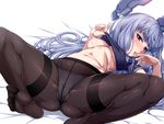  bangs bed_sheet black_legwear black_panties blunt_bangs blush breasts brown_eyes colored_eyelashes covered_nipples crotch_seam dot_triangle eyebrows_visible_through_hair feet foreshortening hair_tie headgear kantai_collection lifted_by_self long_hair looking_at_viewer lying medium_breasts murakumo_(kantai_collection) navel nipples no_bra nose_blush on_back one_breast_out panties panties_under_pantyhose pantyhose shiny shiny_skin shirt shirt_lift short_sleeves silver_hair simple_background soles solo spread_legs stomach taut_clothes taut_shirt thighband_pantyhose tsurime underwear very_long_hair white_background yukimasa_(nkk145) 