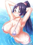  arima_kouichi armpits arms_behind_head arms_up bare_arms bare_shoulders bikini blush breasts closed_mouth collarbone eyebrows_visible_through_hair fate/grand_order fate_(series) from_above highres huge_breasts long_hair looking_at_viewer looking_up micro_bikini minamoto_no_raikou_(fate/grand_order) navel partially_translated pink_ribbon ponytail purple_eyes purple_hair ribbon ripples shiny shiny_hair side-tie_bikini signature smile solo standing stomach straight_hair strap_gap swimsuit translation_request very_long_hair wading water water_drop wet white_bikini 