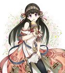  :d atelier_(series) atelier_shallie bangs bare_shoulders bell black_legwear blunt_bangs blush brown_hair dress eyebrows_visible_through_hair floral_background hairband head_tilt highres holding long_hair looking_at_viewer open_mouth pantyhose puchi_kurage purple_eyes shallistera_(atelier) smile solo white_background 