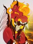  2015 anthro areola armor avante92 big_breasts blonde_hair breasts clothing dragon female forked_tongue gauntlets gloves hair hi_res horn lava long_tongue nipples pussy pussy_juice red_body scalie slit_pupils solo tongue unconvincing_armor wings yellow_eyes yellow_nipples yellow_pussy 