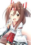  ariel23795 brown_eyes brown_hair hachimaki headband high_ponytail japanese_clothes kantai_collection kimono long_hair long_sleeves one_eye_closed open_mouth red_shorts shorts sitting smile solo white_kimono wide_sleeves zuihou_(kantai_collection) 