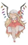  absurdly_long_hair absurdres alternate_hair_length alternate_hairstyle ascot blonde_hair bow crystal eyebrows_visible_through_hair flandre_scarlet frilled_shirt_collar frills full_body hat hat_ribbon highres long_hair mob_cap puffy_short_sleeves puffy_sleeves pushun_(muteki) red_bow red_eyes red_footwear red_skirt red_vest ribbon shoes short_sleeves side_ponytail skirt smile socks solo touhou very_long_hair vest wings yellow_neckwear 