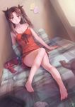  babydoll bangs bare_legs barefoot bed black_ribbon blue_eyes blush bra bra_removed brown_hair camisole commentary dutch_angle fate/stay_night fate_(series) feet full_body hair_ribbon head_tilt highres indoors jay_xu legs long_hair long_legs looking_at_viewer nightgown on_bed open_mouth paper plaid red_babydoll revision ribbon shirt_removed signature sitting skirt skirt_removed sleepwear solo strap_slip thighhighs_removed toosaka_rin triangle_mouth two_side_up underwear white_bra window 