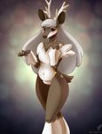  2014 anthro anthrofied antlers blush brown_eyes brown_fur brown_nose cervine eyelashes female fur guinefurrie hair hi_res horn long_hair mammal navel nintendo pok&eacute;mon pok&eacute;morph pussy sawsbuck solo standing video_games white_fur winter_sawsbuck 