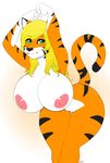  2016 absurd_res anthro areola arms_above_head big_breasts black_nose blonde_hair breasts feline female fur green_eyes hair hi_res huge_breasts long_hair looking_at_viewer mammal niis nipples nude orange_fur pink_nipples raised_arm signature simple_background smile solo striped_fur stripes tabytha thick_thighs tiger voluptuous white_background white_fur wide_hips 