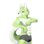  2013 abs anthro basil_(pixiv) black_nose blue_eyes blush bulge canine clothed clothing fur green_fur male mammal nipples simple_background solo standing sum_kemono topless underwear white_background white_fur wolf 