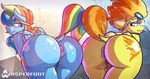  2016 absurd_res anthro anus bent_over butt dock duo equine eyewear feathered_wings feathers female friendship_is_magic goggles hair hi_res licking licking_lips long_hair mammal multicolored_hair my_little_pony orange_hair pegasus puffy_anus pussy pussy_juice rainbow_dash_(mlp) rainbow_hair smile spitfire_(mlp) tongue tongue_out two_tone_hair whisperfoot wings wonderbolts_(mlp) 
