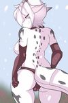  2017 absurd_res anthro blue_eyes breasts bulge butt clothed clothing collar dickgirl digital_media_(artwork) gloves hi_res horn intersex kami-chan looking_at_viewer looking_back nipples panties partially_clothed rear_view rubber scalie smile solo standing underwear 