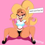  &lt;3 &lt;3_eyes 2017 bandicoot blonde_hair braces clothing coco_bandicoot crash_bandicoot_(series) dongitos eye_brows eyelashes footwear hair high_heels long_hair mammal marsupial open_mouth panties phone ponytail shoes simple_background spread_legs spreading text thick_thighs tongue underwear video_games 