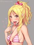  bikini blonde_hair bow breasts brown_eyes drill_hair eromanga_sensei grey_background hair_bow heart heart-shaped_pupils kurowan long_hair looking_at_viewer medium_breasts open_mouth pink_bow pointy_ears ponytail red_bow saliva simple_background solo striped striped_bikini swimsuit symbol-shaped_pupils tongue tongue_out twin_drills twitter_username upper_body yamada_elf 
