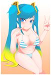  artist_request bikini blue_eyes blue_hair blush breasts cleavage highres large_breasts league_of_legends looking_at_viewer navel sona_buvelle striped_bikini twintails v 
