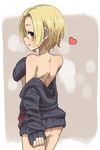  ass back blonde_hair blush breasts brown_eyes ear_piercing gazacy_(dai) heart highres hood hood_down hoodie idolmaster idolmaster_cinderella_girls jewelry looking_at_viewer looking_back naked_hoodie off_shoulder open_mouth piercing shirasaka_koume short_hair sleeves_past_wrists small_breasts solo 