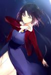  bangs black_hair blue_kimono closed_mouth dagger dutch_angle holding holding_weapon jacket japanese_clothes kara_no_kyoukai kimono looking_at_viewer lpip night open_clothes open_jacket outdoors purple_eyes ryougi_shiki solo weapon 