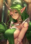  breasts day dryad_soraka green_eyes green_hair hair_between_eyes highres horn large_breasts league_of_legends lips long_hair looking_at_viewer oopartz_yang outdoors parted_lips pointy_ears shoulder_pads sideboob solo soraka tabard tattoo tree upper_body v_arms very_long_hair wavy_hair 