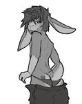  2016 anal anthro butt clothed clothing digital_media_(artwork) ember_(laudanumserum) fur greyscale hair hi_res lagomorph laudanumserum long_ears looking_at_viewer looking_back male mammal monochrome rabbit simple_background sketch smile solo underwear white_background 