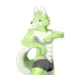  2013 abs anthro basil_(pixiv) black_nose blue_eyes blush bulge canine clothed clothing erection fur green_fur humanoid_penis male mammal nipples penis precum simple_background solo standing sum_kemono topless underwear white_background white_fur wolf 