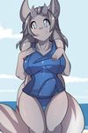  2017 5_fingers absurd_res anthro beach blue_eyes blue_sky bulge canine clothing day dickgirl digital_media_(artwork) erection front_view fur grey_fur grey_hair hair hi_res horn intersex kami-chan long_hair looking_at_viewer mammal multi_arm multi_limb outside seaside sky smile solo standing swimsuit water 