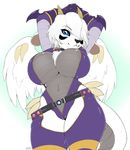  absurd_res anthro big_breasts black_nose blue_eyes blue_sclera breasts camel_toe dragon eyebrows eyelashes female fur hair hair_over_eye hi_res horn huge_breasts looking_at_viewer niis simple_background solo white_fur white_hair wings 