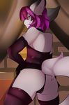  2015 absurd_res anthro bulge butt camel_toe canine clothed clothing digital_media_(artwork) female garter green_eyes hair half-closed_eyes hand_on_hip hi_res kami-chan legwear lingerie looking_at_viewer looking_back mammal panties pinup pose purple_hair rear_view smile solo standing thigh_highs underwear 