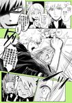  !? ... 1girl 3boys against_wall angry bakugou_katsuki boku_no_hero_academia comic eyes half-closed_eyes highres jacket kaminari_denki kirishima_eijirou looking_at_another monochrome multiple_boys open_mouth speech_bubble spiked_hair suzu_(tg_390) sweatdrop text_focus track_jacket translation_request uraraka_ochako wall_slam wide-eyed 