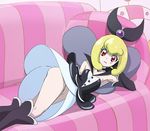  black_gloves blonde_hair closed_mouth couch elbow_gloves eyebrows_visible_through_hair gloves happinesscharge_precure! haruyama_kazunori lips looking_at_viewer lying no_panties on_side precure queen_mirage red_eyes short_hair solo thighs 
