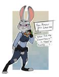  absurd_res anthro buckteeth carrot clothed clothing dialogue digital_media_(artwork) disney english_text female food fur grey_fur hi_res i-am-a-lady-damn-it judy_hopps lagomorph long_ears looking_at_viewer mammal pen pink_eyes pink_nose police police_uniform purple_eyes rabbit smile solo speech_bubble teasing teeth text uniform vegetable zootopia 
