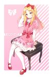  blonde_hair bow c: chair character_name closed_mouth commentary_request criss-cross_halter diagonal-striped_background diagonal_stripes dress drill_hair eromanga_sensei eyebrows_visible_through_hair frills full_body hair_bow halterneck highres long_hair long_sleeves looking_at_viewer mary_janes pantyhose piano_bench pink_background pink_dress pointy_ears red_bow red_footwear ringlets shoes smile solo striped striped_background white_legwear yamada_elf youta 