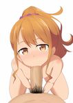  1boy 1girl ayumu_(ayumu3659) blush brown_eyes brown_hair eromanga_sensei fellatio hair_scrunchie hetero jinno_megumi male_pubic_hair nipples nude oral penis ponytail pov pov_eye_contact pubic_hair scrunchie shiny shiny_skin simple_background solo_focus uncensored white_background 