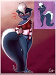  2017 absurd_res anthro artbirchly_(artist) blush border bottomless bra captainpudgemuffin clothed clothing courtney-brushmarke covering covering_crotch covering_self disney ear_piercing female hair hand_on_hip hands_behind_head hi_res looking_at_viewer mammal navel off_shoulder panties panties_down piercing skunk solo underwear zootopia 