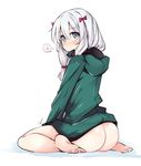  absurdres ass barefoot blue_eyes blush bottomless bow closed_mouth commentary_request eromanga_sensei eyebrows_visible_through_hair eyes_visible_through_hair from_behind full_body green_jacket hair_between_eyes hair_bow highres izumi_sagiri jacket long_hair looking_at_viewer looking_back motion_lines pink_bow shirogane_(platinum) silver_hair simple_background sitting soles solo spoken_blush sweat track_jacket wariza white_background 