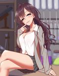  :d blue_eyes blush breasts brown_hair cleavage crossed_legs dress_shirt earrings finger_to_mouth head_tilt highres ichinose_shiki idolmaster idolmaster_cinderella_girls jacket jar jewelry kuroshiro_(ms-2420) large_breasts long_hair looking_at_viewer open_clothes open_jacket open_mouth pleated_skirt shirt sitting skirt smile solo wavy_hair 