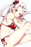  arm_strap bare_legs bare_shoulders bikini blush breasts closed_mouth cross ear_piercing eyelashes fingernails flower from_above groin hair_flower hair_ornament hairclip heart heart_hair_ornament knees_up long_fingernails long_hair looking_at_viewer lying medium_breasts melina_(sakuragi_ren) midriff nail_polish navel on_side one_side_up original piercing pink_hair pink_lips red_bikini red_eyes red_flower red_nails red_rose rose sakuragi_ren side-tie_bikini simple_background sitting smile solo stomach swimsuit underboob white_background 
