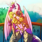  2014 anthro anthrofied armor avante92 clothed clothing crown equine feathered_wings feathers female friendship_is_magic hi_res horn legwear mammal my_little_pony navel pink_feathers princess_cadance_(mlp) seductive skimpy solo standing stockings tiara unconvincing_armor winged_unicorn wings 