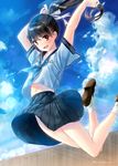  black_hair blush cloud cloudy_sky day highres kazuharu_kina long_hair open_mouth original pleated_skirt ponytail red_eyes school_uniform serafuku skirt sky smile solo twitter_username 