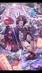  ankle_ribbon architecture bangs bare_shoulders bell black_legwear blunt_bangs breasts cup east_asian_architecture fan fate/grand_order fate_(series) flower gourd hair_flower hair_ornament highres horns japanese_clothes jingle_bell kimono kneeling lantern looking_at_viewer md5_mismatch obi oni oni_horns open_mouth pouring purple_eyes purple_hair red_ribbon ribbon sakazuki sash short_hair shuten_douji_(fate/grand_order) small_breasts smile solo torino_akua 