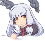  :&lt; bangs blunt_bangs closed_mouth commentary_request disco_brando_(style) gloves haho hair_ribbon hand_on_own_face headgear highres kantai_collection looking_at_viewer murakumo_(kantai_collection) parody remodel_(kantai_collection) ribbon silver_hair style_parody tress_ribbon v-shaped_eyebrows 