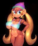  anthro bare_shoulders big_breasts black_background blonde_hair blue_eyes bottomless breasts brown_fur clothed clothing donkey_kong_(series) ear_piercing eyeshadow female fur hair hand_on_butt hat hi_res jewelry long_hair makeup mammal monkey nintendo nitro piercing primate shirt simple_background smile solo standing tiny_kong video_games 