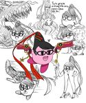  absurdres bayonetta bayonetta_(character) bayonetta_(character)_(cosplay) beehive_hairdo bespectacled collage commentary cosplay dual_wielding glasses gomorrah_(bayonetta) gun hair_ribbon handgun highres holding kirby kirby_(series) kitsune23star long_legs pose ribbon scarborough_fair_(bayonetta) super_smash_bros. weapon what 