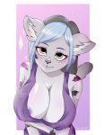  2018 big_(disambiguation) big_breasts black_hair blue_hair breasts cat clothed clothing delki digital_media_(artwork) eyebrows eyelashes feline female floppy_ears fur grey_fur hair invalid_tag looking_at_viewer mammal nipples shirt short_hair shy smile solo standing yellow_eyes 