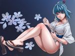  bangs bare_legs blue_eyes blue_hair breasts character_request cleavage clog_sandals closed_mouth collarbone commentary_request flower from_side full_body hair_ornament hair_stick japanese_clothes large_breasts looking_at_viewer looking_to_the_side monster_farm no_panties obi sash short_hair smile solo thighs tkln wide_sleeves 