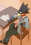  2017 alternate_species anthro avian balls beak blush carpetwurm class clothed clothing embarrassed erection fumikage_tokoyami humanoid_penis male my_hero_academia penis solo 