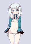  bangs bikini bikini_under_clothes blush closed_mouth commentary_request cowboy_shot eromanga_sensei eyeball_(artist) eyebrows_visible_through_hair flat_chest green_jacket grey_background hair_between_eyes hand_on_own_chest head_tilt highres izumi_sagiri jacket legs_apart long_hair long_sleeves looking_afar looking_at_viewer micro_bikini navel open_clothes open_jacket shirogane_(platinum) side-tie_bikini simple_background solo standing sweat swimsuit track_jacket wavy_mouth white_bikini 