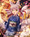  animal_ears animal_on_shoulder bell blue_kimono blush bracelet corn eyebrows_visible_through_hair falkyrie_no_monshou food fox fox_ears fox_tail green_eyes holding holding_food japanese_clothes jewelry kimono long_hair looking_away natsumekinoko official_art open_mouth red_ribbon ribbon squid tail yukata 