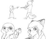  2016 anthro black_and_white blood canine clothed clothing crossover disney dress duo eye_contact female fox gun handgun holding_object holding_weapon judy_hopps lagomorph male mammal monochrome mr_&amp;_mrs_smith nick_wilde rabbit ranged_weapon shotgun simple_background sprinkah weapon white_background wounded zootopia 